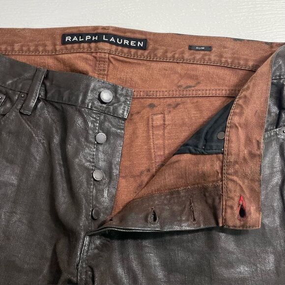Ralph Lauren Black Label Wax Coated Slim Fit Jeans 36x32 Brown Tin Cloth Canvas - Picture 6 of 9